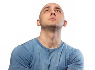 Wall Mural - Photo of bald puzzled man in tee shirt