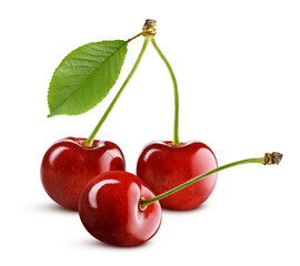 three ripe sweet cherries isolated on white background