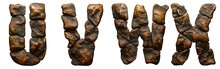 Set Of Rocky Letters U, V, W, X. Font Of Stone On White Background. 3d