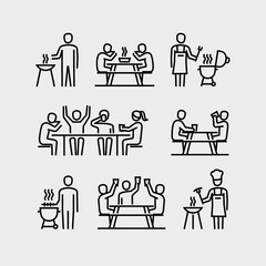 People Grilling Eating and Drinking Vector Icons