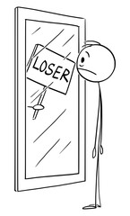 Wall Mural - Vector cartoon stick figure drawing conceptual illustration of frustrated man with low confidence or self esteem looking at yourself in mirror with loser sign.