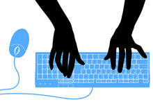 Black Silhouette Of Female Hands With A Blue Computer Keyboard And Computer Mouse.