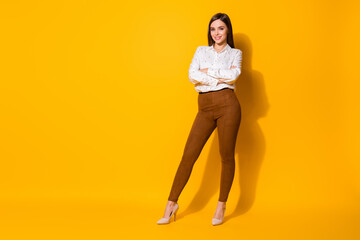 Canvas Print - Full length body size view of her she nice-looking attractive lovely pretty fashionable cheerful cheery straight-haired girl folded arms isolated bright vivid shine vibrant yellow color background