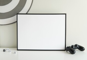 Horizontal, black empty frame mockup to display artwork, game room interior, monochrome style, framed art mockup.