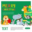 © waraporn - Merry Christmas. Christmas Cute Animals Character. Happy Christmas Companions. Tiger, rabbit, hippopotamus, giraffe and zebra scene.
