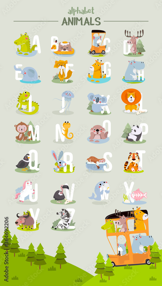 Animal alphabet graphic A to Z. Cute vector Zoo alphabet with animals ...