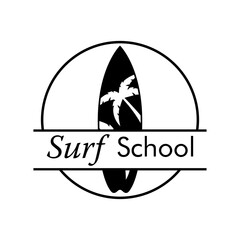 Sticker - Concepto aprender a surfear. Logotipo con texto Surf School con tabla de surf decorada con palmeras en círculo en color negro