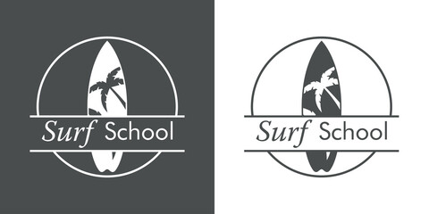 Sticker - Concepto aprender a surfear. Logotipo con texto Surf School con tabla de surf decorada con palmeras en círculo en fondo gris y fondo blanco