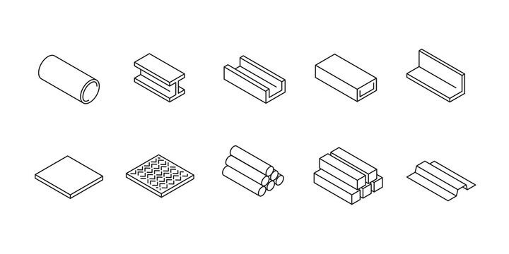 Rolled metal - set of isometric icons in thin line style for industry and metallurgy