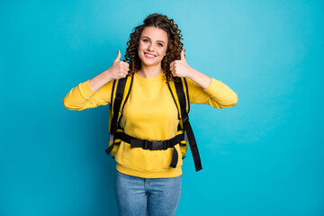 Poster - Portrait of her she nice attractive content glad cheerful wavy-haired girl bringing takeout dinner showing thumbup perfect choice trust advert isolated bright vivid shine vibrant blue color background