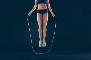 Cropped view of her she nice attractive sportive slim thin slender strong lady working out dream purpose figure correction perfection isolated over black background