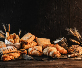 Wall Mural - Variety of delicious breads and buns on dark rustic wooden background with wheat spikiletes. Pastries and bakery, space for text