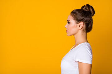 Wall Mural - Profile side photo of clever intelligent expert girl look copyspace listen colleagues ready decide work job decisions wear stylish clothes isolated over vivid color background