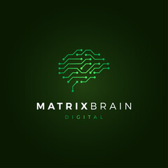 Human brain, abstract logo digital microcircuit with green lines and dots, matrix brain, vector illustration on black background