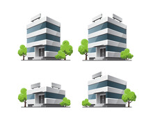 Set Of Modern Office Vector Building Illustrations Icons In 3d Perspective View With Blue Glass Facade Reflections. House, Urban Shop With Green Trees In Cartoon Style. Isolated On White Background.