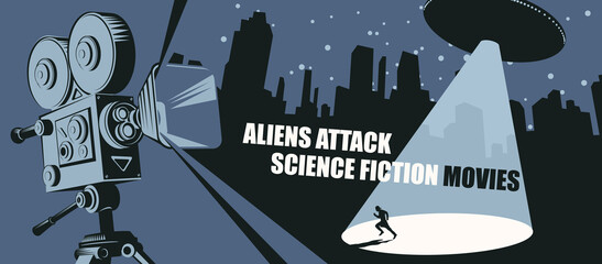 cinema poster for science fiction movies with an old movie projector and a ufo with a bright beam ai