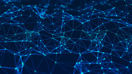 Network of bright connected dots and lines. Abstract dynamic wave of many points. Digital background. 3D rendering.