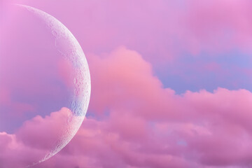 The moon against a background of pink clouds and blue sky. The concept of fantastic landscapes. The concept of space travel.
