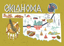 Illustrated Map Of  Oklahoma State, USA. Travel And Attractions. Souvenir Print
