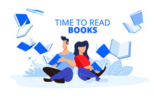 Time To Read Books. Vector Illustrations Of A Man And A Woman Read Books. Concepts For Graphic And Web Design, Marketing Material, Education, Book Store And Library, E-book.