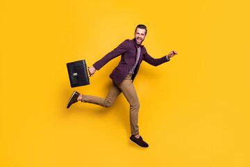 Poster - Full size profile photo of handsome stylish business guy jump high up rushing work office hold briefcase wear plaid shirt blazer trousers shoes isolated yellow color background