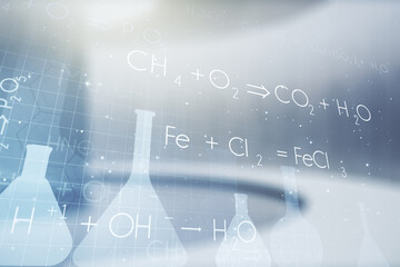 Abstract virtual creative chemistry hologram on empty modern office background. Multiexposure