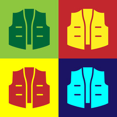 Sticker - Pop art Fishing jacket icon isolated on color background. Fishing vest. Vector.