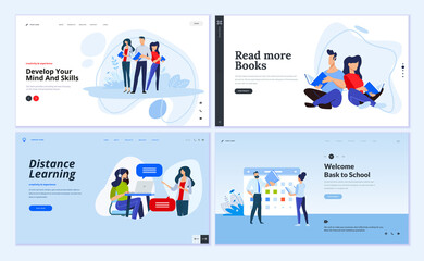 Web page design templates of distance learning, back to school, library and book store, business skill. Vector illustration concepts for website development. 
