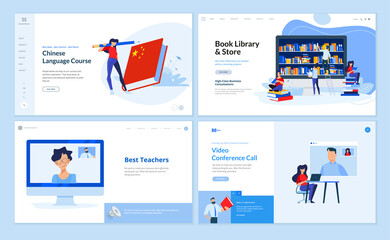 Web page design templates of language school, book library and store, distance education, video conference call. Vector illustration concepts for website development. 