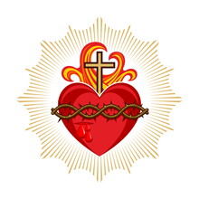 Sacred Heart Of Jesus Christ, Lord And Savior Of The World. Cross In The Flame Of The Holy Spirit, Crown Of Thorns And Holy Blood.