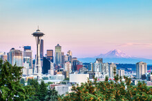Seattle Cityscape With Mt. Rainier In The Background At Sunset, Washington