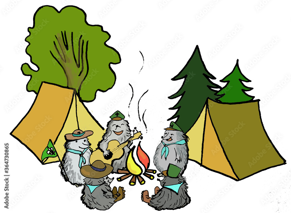 Cartoon drawing of hedgehogs as scouts in the woods by the fire singing and playing the guitar in the woods with a tent - obrazy, fototapety, plakaty 