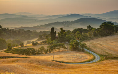 Canvas Print - Tuscany foggy hills panorama view