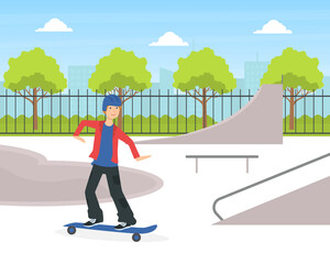 Sticker - Teenage Boy Scateboarding, Guy Doing Physical Activity Outdoors Vector Illustration