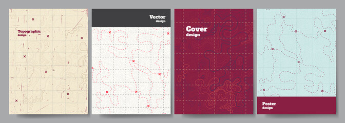 Vector illustration. Topographic cover concept. Set of minimal design banner for print. Vintage color. Old fashion style. Retro poster graphic. Map with marks and trails. Line art pattern