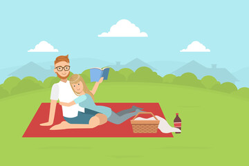 Sticker - Young Man and Woman Lying on Plaid and Reading Book, Happy Couple Having Picnic and Relaxing Outdoors Flat Vector Illustration