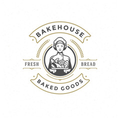 Wall Mural - Bakery badge or label retro vector illustration baker woman holding basket with bread silhouette for bakehouse.