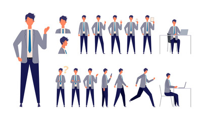 Wall Mural - Set of businessman characters in different poses. Working, standing, walking, sitting and running.