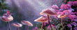 canvas print picture - Magical fantasy mushrooms in enchanted fairy tale dreamy elf forest with fabulous fairytale blooming pink rose flower and butterfly on mysterious background, shiny glowing stars and moon rays in night