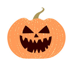 Evil pumpkin laugh isolated on white background. Fun hand drawn design. Halloween holiday decoration. Jack o lantern spooky character with grinning smile. Mean face. Stock vector illustration