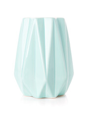 Wall Mural - Decorative ribbed vase of turquoise color on a white background.