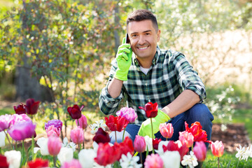 Wall Mural - gardening and people concept - happy smiling middle-aged man with flowers calling on smartphone at summer garden