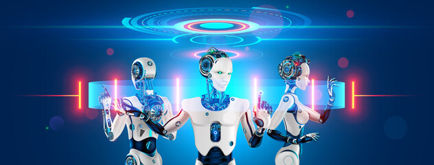 Leinwandbilder - A team of cyborg robots works with a virtual 3d interface in cyberspace. An anthropomorphic bionic Android with artificial intelligence manages a team of workers. The fourth industrial revolution.