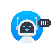 Chat Bot Using Laptop Computer, Robot Virtual Assistance Of Website Or Mobile Applications. Voice Support Service Bot. Online Support Bot. Vector Illustration.