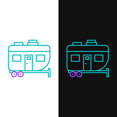 Sticker - Line Rv Camping trailer icon isolated on white and black background. Travel mobile home, caravan, home camper for travel. Colorful outline concept. Vector.