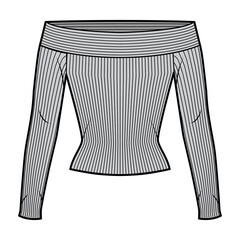 Canvas Print - Off-the-shoulder ribbed-knit top technical fashion illustration with long sleeves, close-fitting shape. Flat apparel template front, grey color. Women, men, unisex CAD mockup