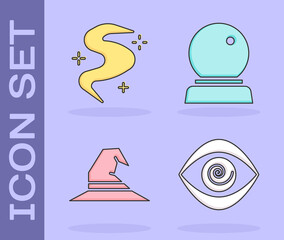 Sticker - Set Hypnosis, Magic fog or smoke, Witch hat and Magic ball icon. Vector.