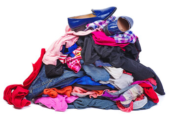 big pile of old, used clothes isolated on white