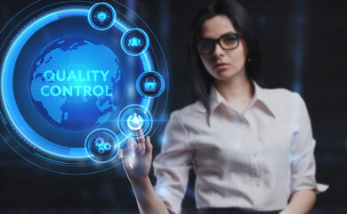 Business, Technology, Internet and network concept. Young businessman working on a virtual screen of the future and sees the inscription: Quality control