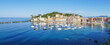 Panoramic aerial view of the Bay of Silence in Sestri Levante with many colored houses